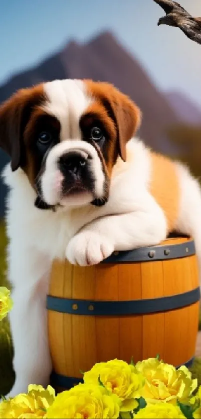 Adorable puppy with yellow roses in scenic mountain background.