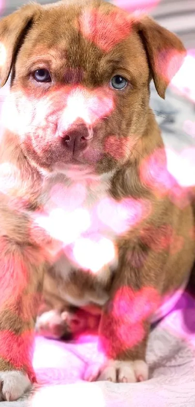 Cute brown puppy sitting on a bed with decorative pillows.