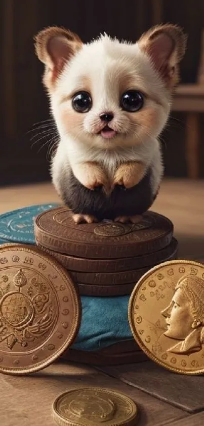 Adorable puppy sitting on stacked coins for wallpaper.