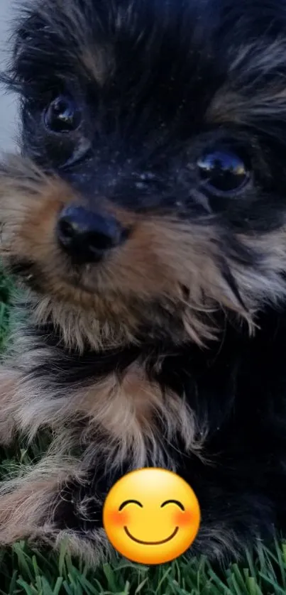 Adorable Yorkie puppy on green grass with smiling emoji.