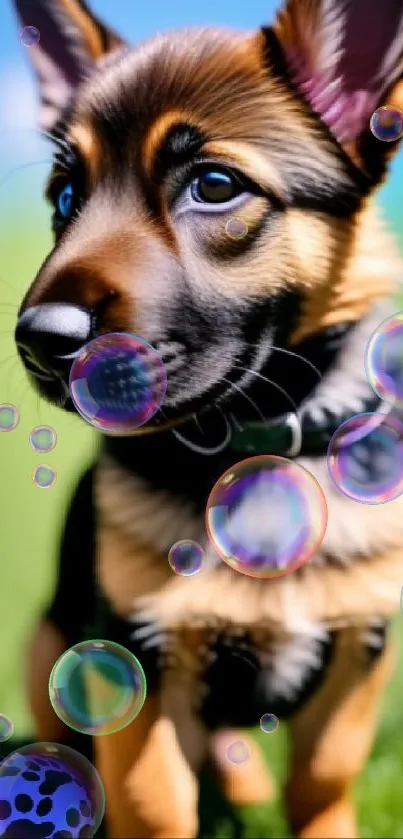 German Shepherd puppy on grass with a toy ball.