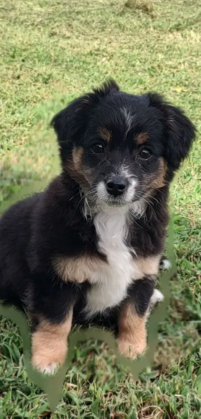 Cute puppy sitting on grassy field, creating a heartwarming background.