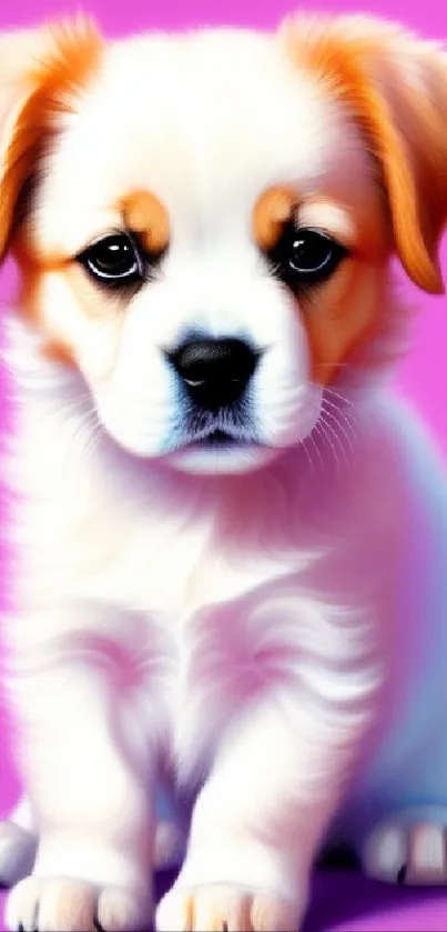 Adorable fluffy puppy on vibrant pink background.