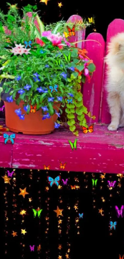 Fluffy puppy on a pink bench with flowers and a starry black background.