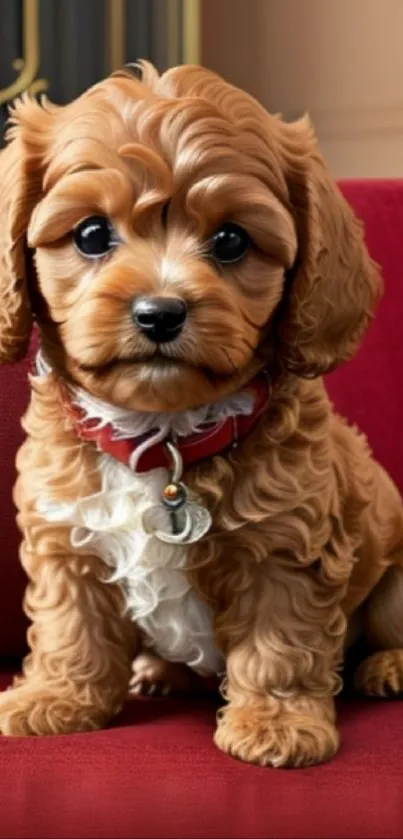 Adorable brown puppy sitting on a red sofa, looking curiously.