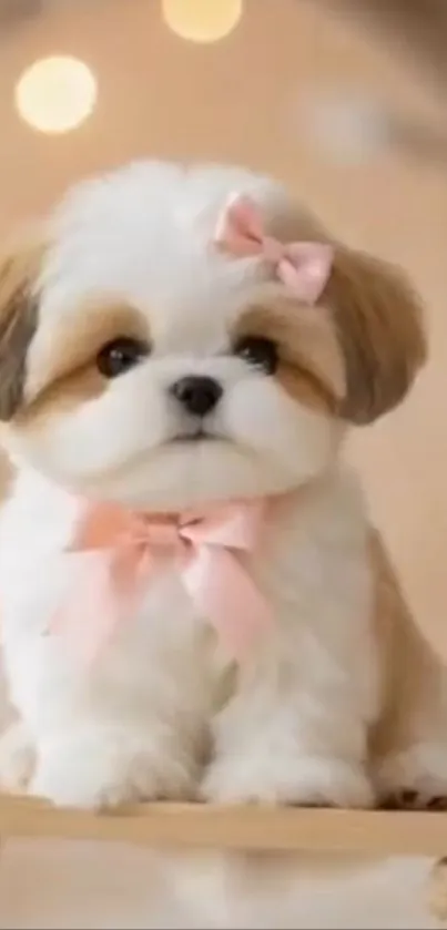 Adorable fluffy puppy on a swing with pink bows.