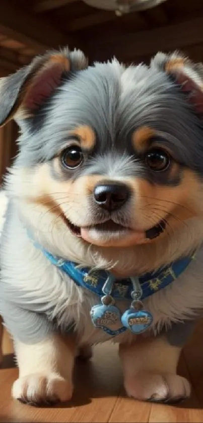 Adorable fluffy puppy with big eyes on a wooden floor.