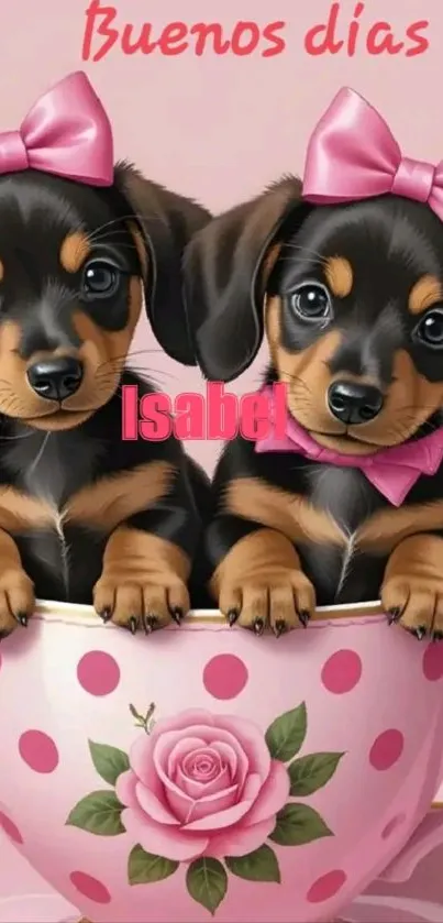 Dachshund puppies with pink bows in a teacup against pink background.