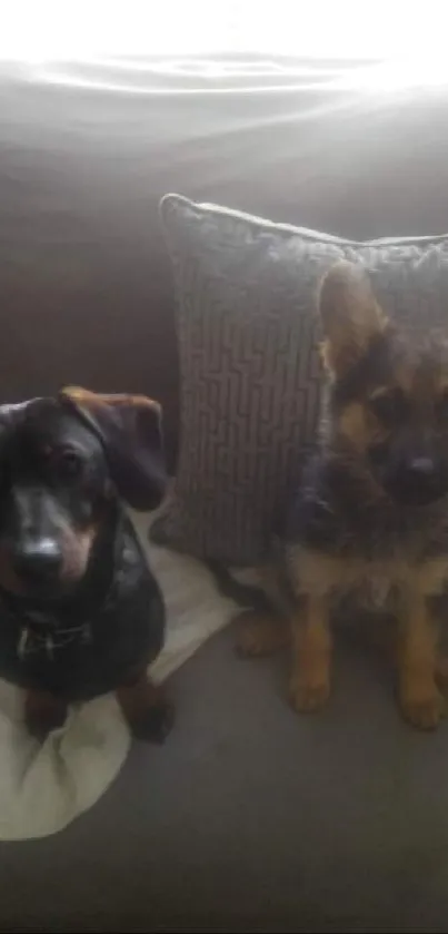 Dachshund and German Shepherd puppies on gray sofa.