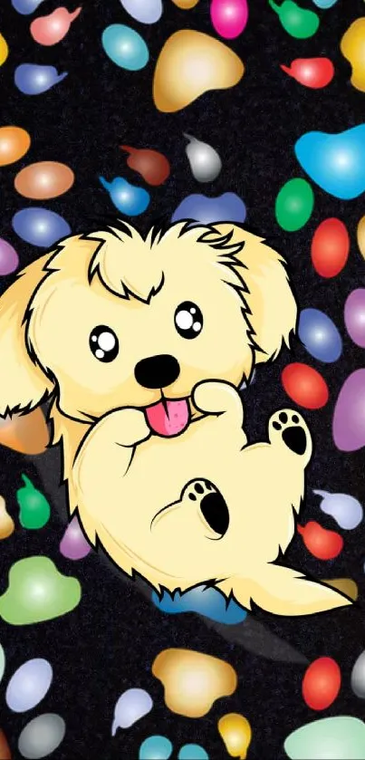 Cute cartoon puppy with colorful paw prints on black background.