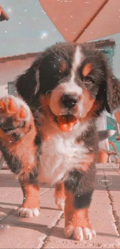 Adorable puppy raising paw in outdoor setting wallpaper.