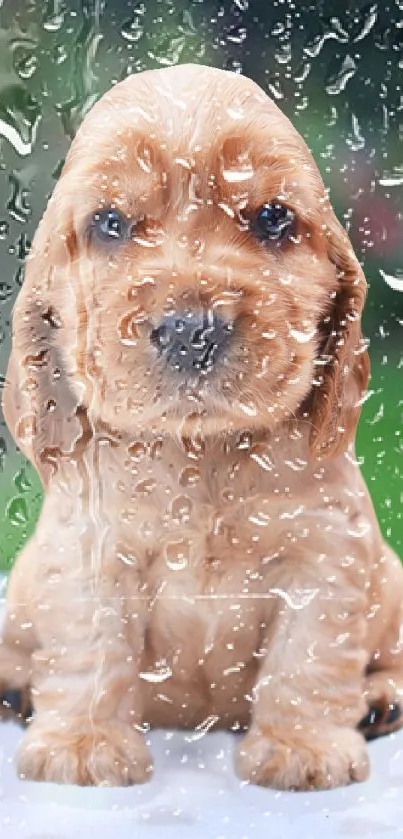 Cute brown puppy sitting on polka dot surface.