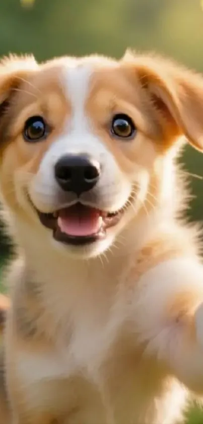 Adorable puppy playfully reaching out in outdoor setting with green background.