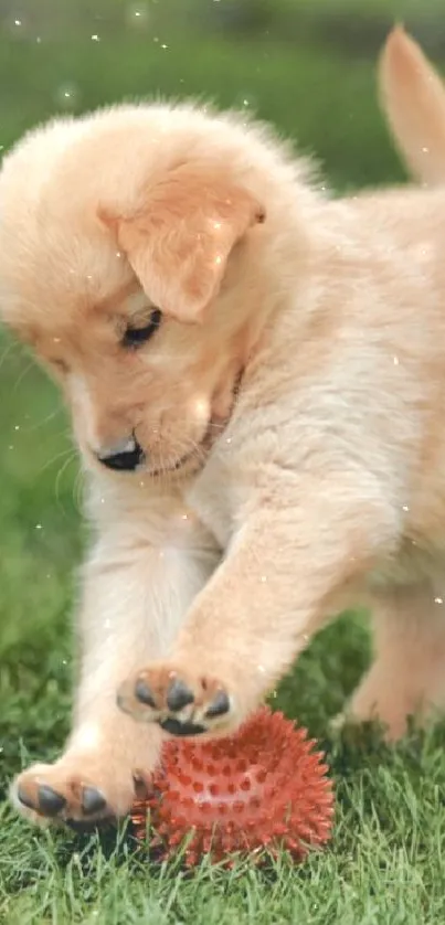 Cute puppy playing with an orange ball on green grass