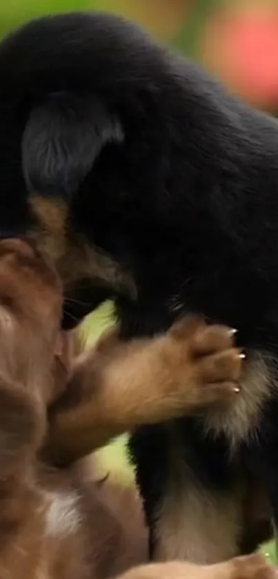 Two puppies playfully interacting in a lively nature setting.