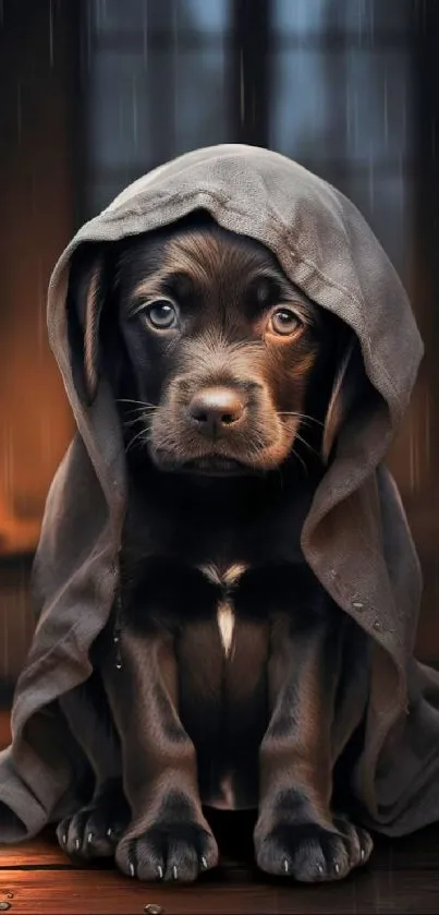 Puppy under a blanket in a cozy setting with warm tones.