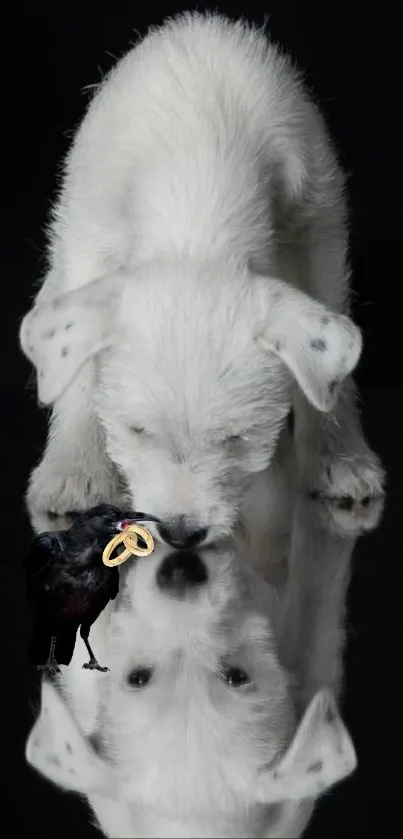 White puppy and crow with reflection in dark setting.