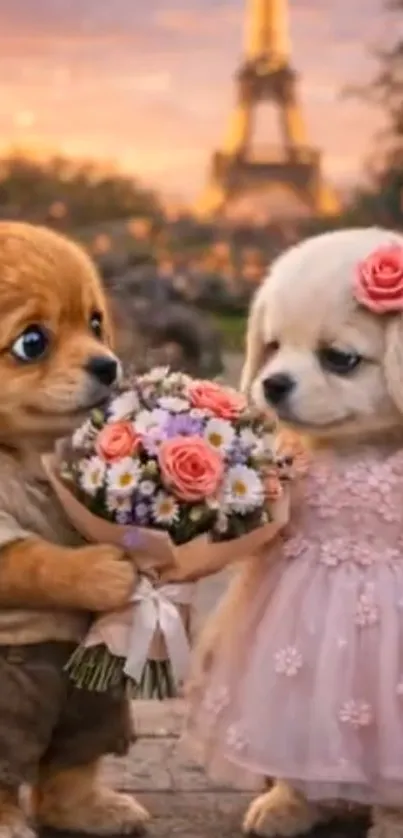 Adorable puppies sharing a bouquet in Paris with sunset background.