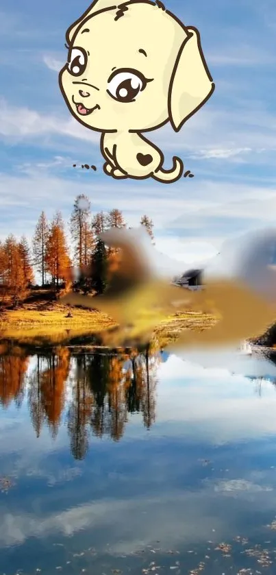 Cute puppy cartoon over scenic autumn lake and trees.