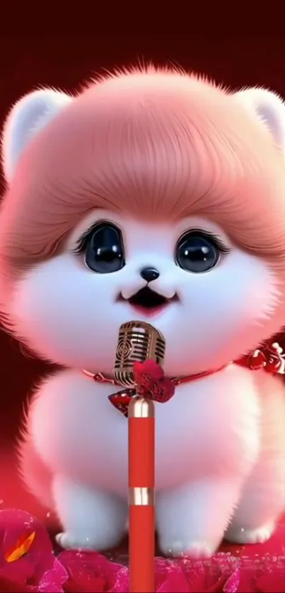 Adorable fluffy puppy singing with microphone