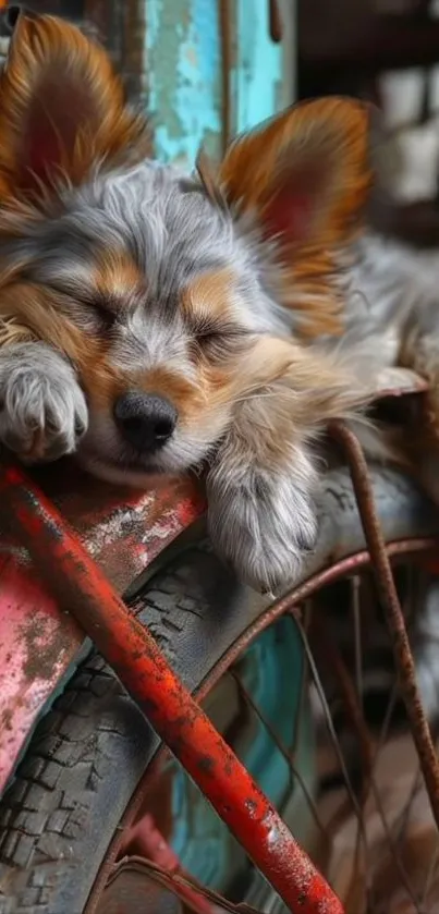 Cute puppy sleeping on an old bike wheel.