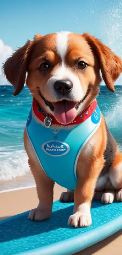 Cute puppy surfing at the beach on a blue surfboard with ocean waves.