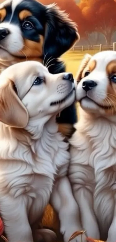 Trio of adorable puppies sitting outdoors.