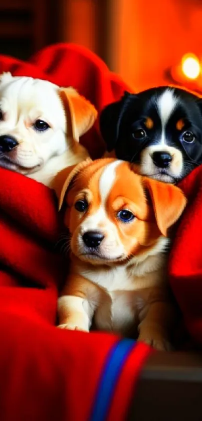 Three cute puppies snuggled in a red blanket, perfect mobile wallpaper.