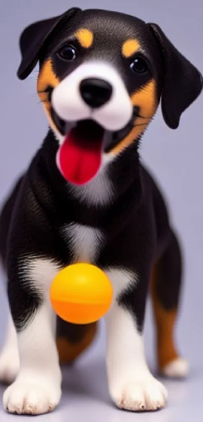 Adorable puppy with orange ball on a lilac background.