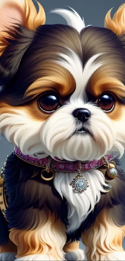 Cute fluffy puppy with vibrant fur and stylish collar in digital art wallpaper.