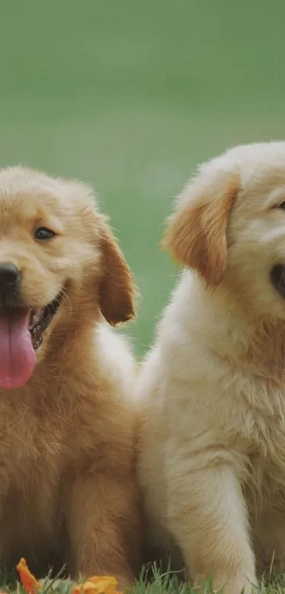 Two golden retriever puppies sitting on grass with happy faces.