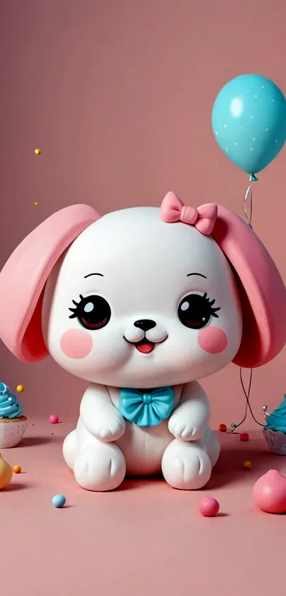 Cartoon puppy with pink ears and teal balloon on pink background.