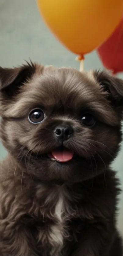 A cute puppy with colorful balloons smiling.
