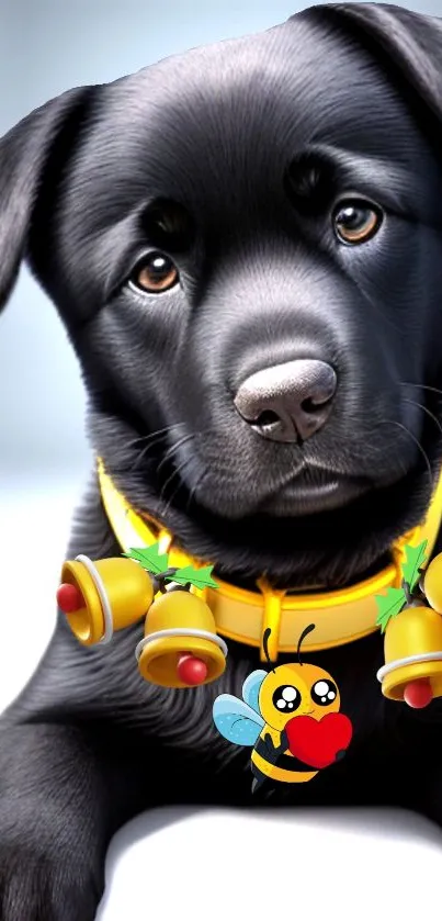 Black puppy with yellow collar and bells.