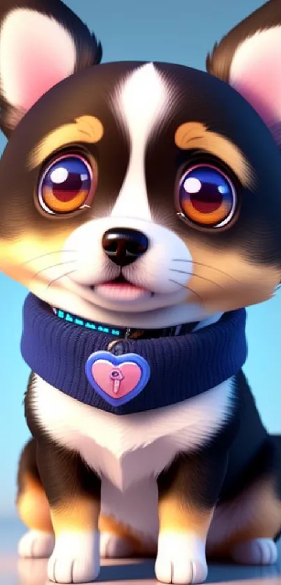 Adorable cartoon puppy with big eyes and a blue heart tag.