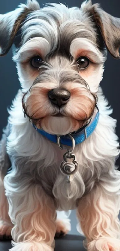 Adorable schnauzer puppy with a blue collar, looking inquisitive.