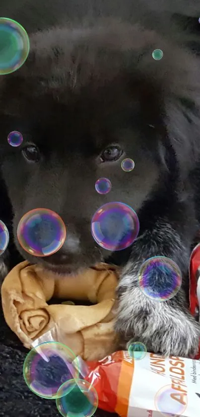 Adorable black puppy with colorful bubbles floating around.