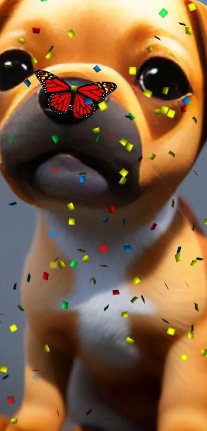 Cartoon puppy with butterfly and confetti background.