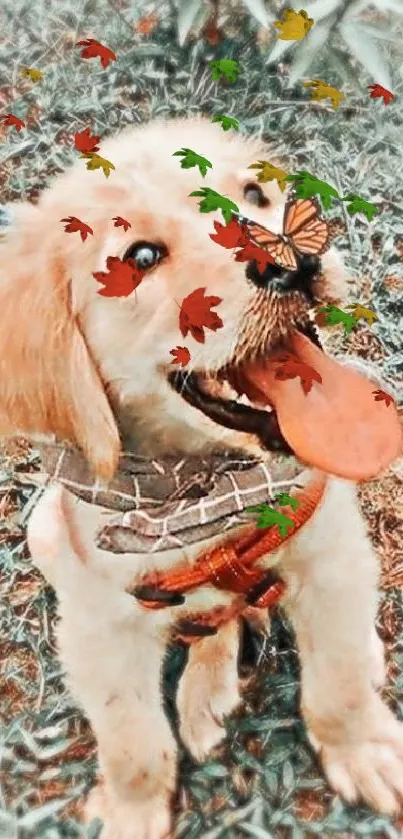 Adorable puppy with a butterfly on its nose in nature setting.