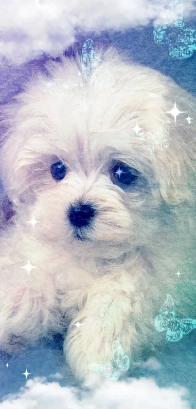 Fluffy puppy surrounded by clouds and butterflies with a dreamy touch.