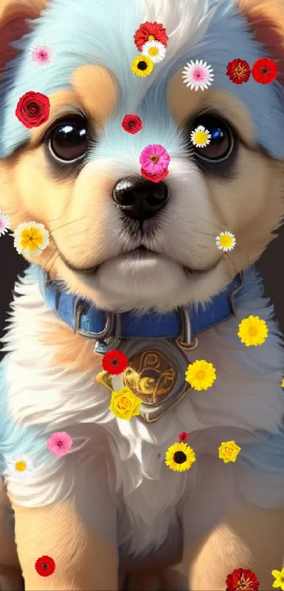 Adorable fluffy puppy with vibrant flowers in a playful, colorful design.