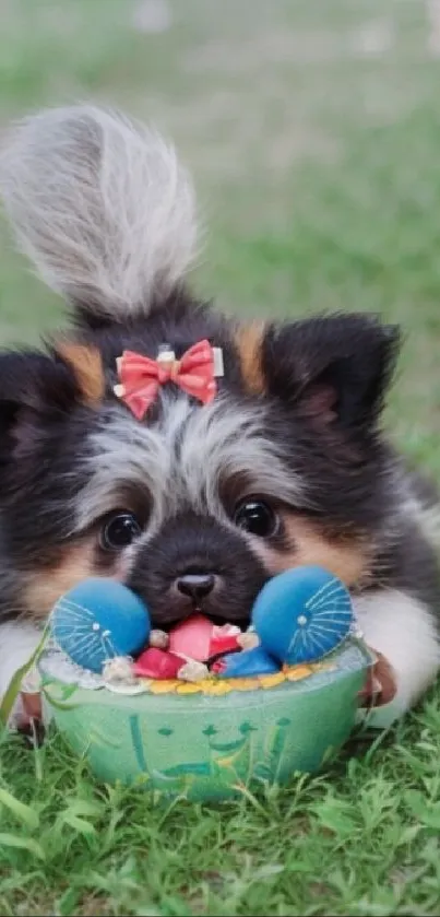 Fluffy puppy with pink bow plays with colorful toy on green grass.