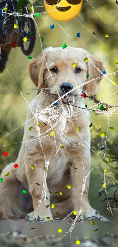 Adorable puppy with colorful confetti and cracked glass effect.