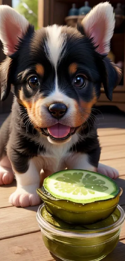 Smiling puppy with cucumber slices on wooden deck in sunny outdoor setting.