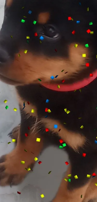 Rottweiler puppy with colorful confetti on festive wallpaper.