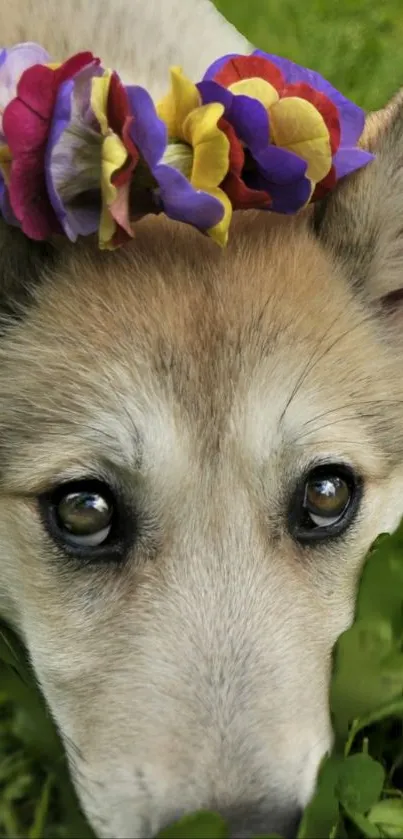 Cute puppy with colorful flower crown on green grass.