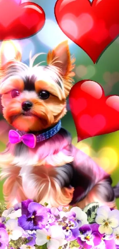 Cute puppy with a bow tie, hearts, and pansies in a vibrant design.