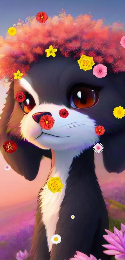 Cute cartoon puppy with pink flower crown and scenic backdrop.