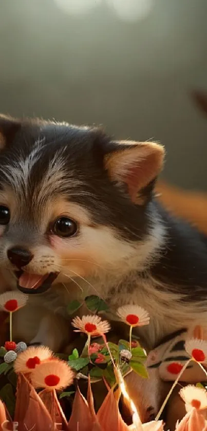 Adorable fluffy puppy among vibrant flowers, perfect wallpaper.