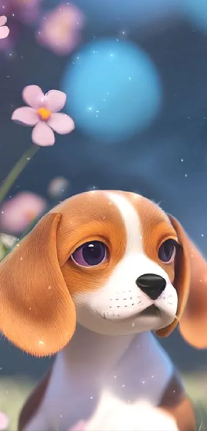 Cute cartoon puppy with pink flowers in a blue-themed background wallpaper.